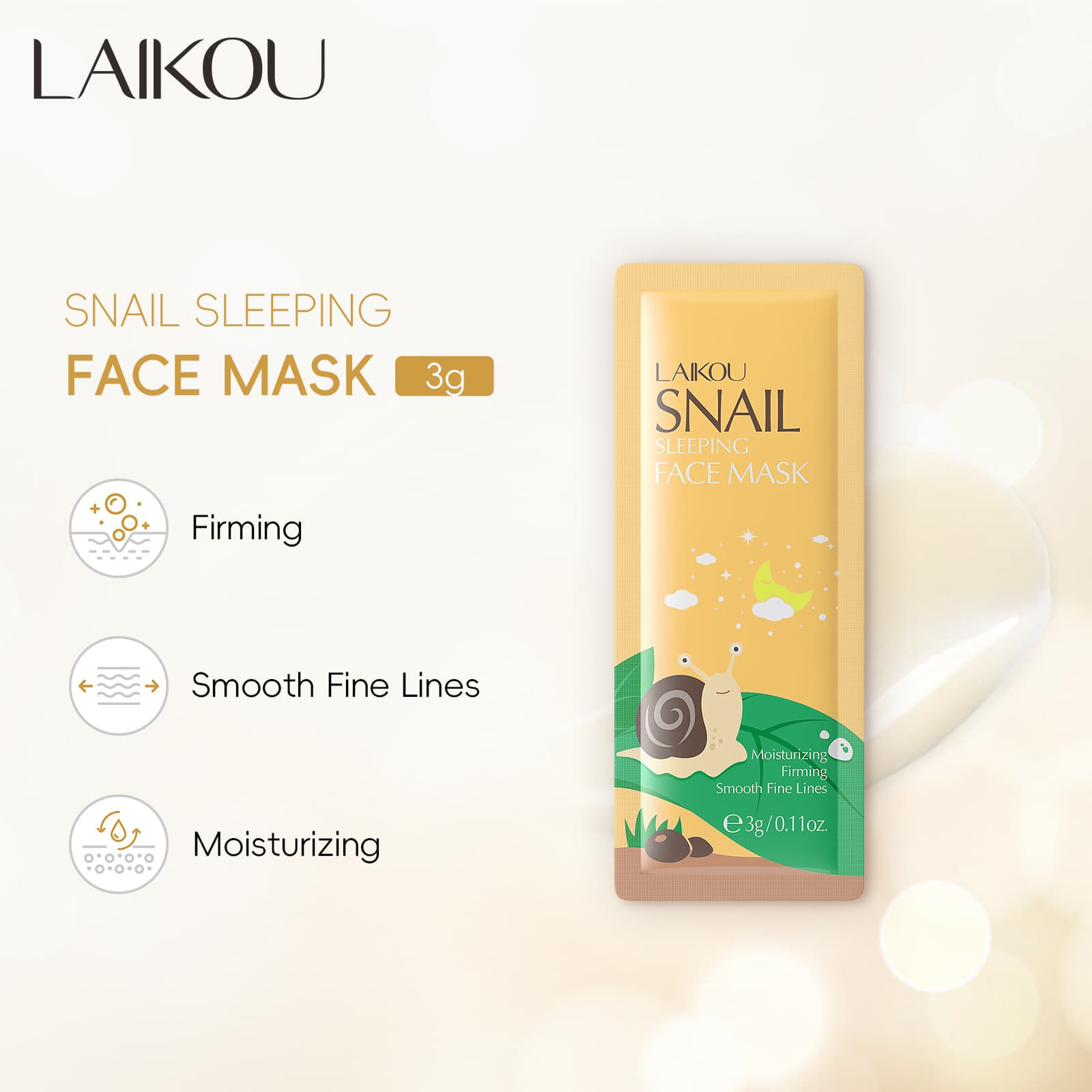 LAIKOU Snail Sleeping Face Mask Hydrating Moisturizing Skin Care Cosmetic Bagged Single Pack 3g Water Locking Nighttime Treatment