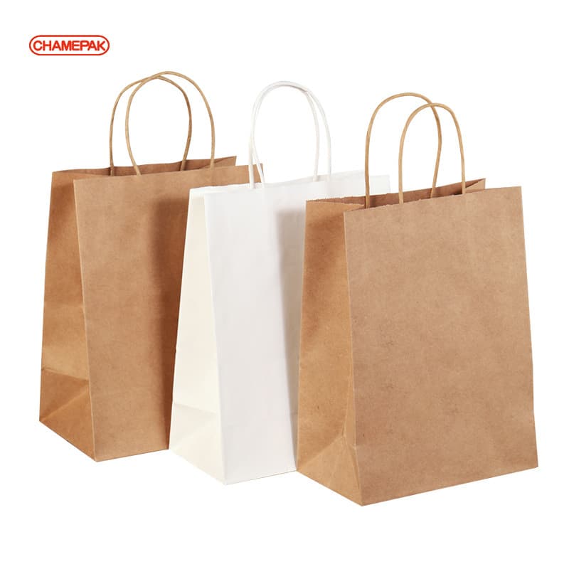 White and brown kraft paper twisted handle shopping tote bag with logo printed on it
