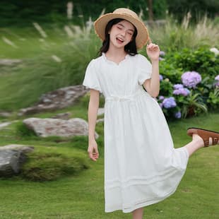 Summer Vacation Dress for Older Children, Lace Trim White Jacquard Short Sleeve Long Dress for Beach Fairy Look