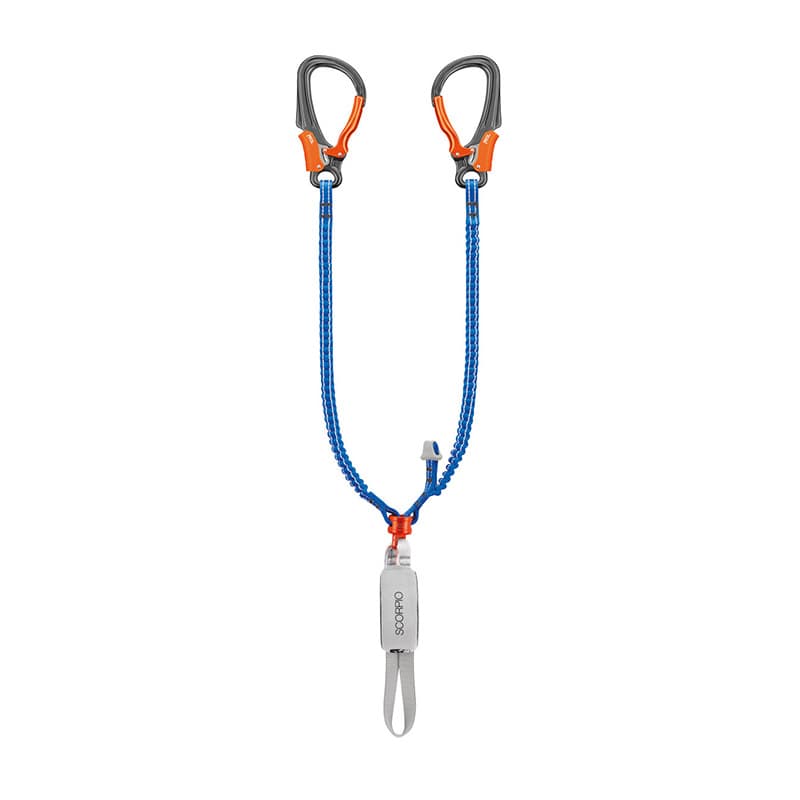 PETZL/Climbing Scorpio easy hook locking and anti-tangle system via ferrata lanyard.