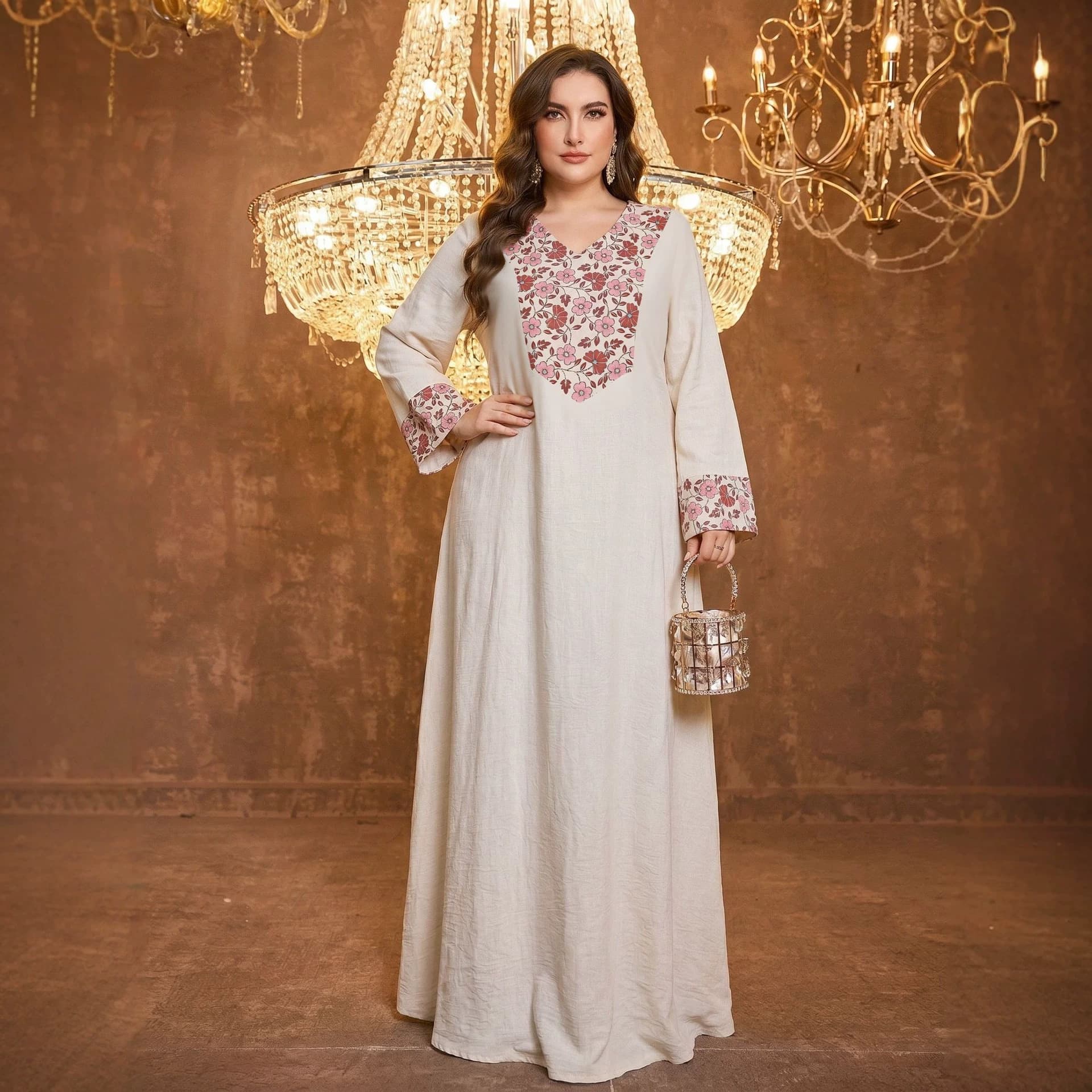 Long Sleeve V-Neck Printed Elegant Plus Size Women's Ethnic Style Long Loose Dress
