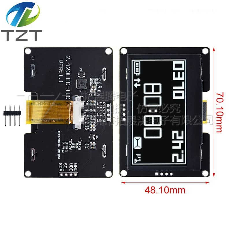 2.42-inch OLED display module, 2.4-inch display, 128x64 resolution, driver, SSD, 1309 interface, 4-pin IIC interface.
