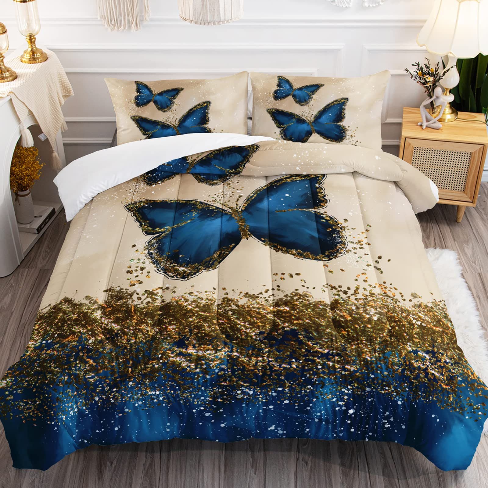 Blue Butterfly Duvet Cover Set - Cross-Border Thick Quilt with Polyester Fiberfill, Quilted Bedding Three-Piece Set, Factory Direct Supply