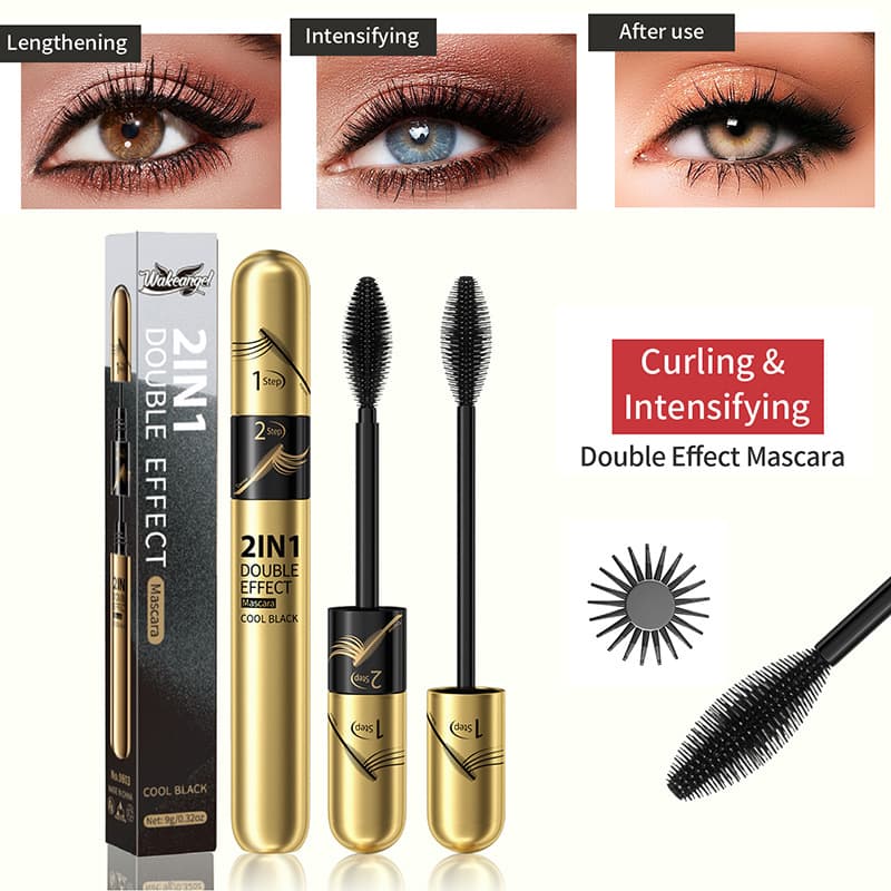 WAKEANGEL Lengthening & Volumizing 2-in-1 Mascara, Natural Curl, Sweat-Resistant, Smudge-Proof, Long-Lasting Wear