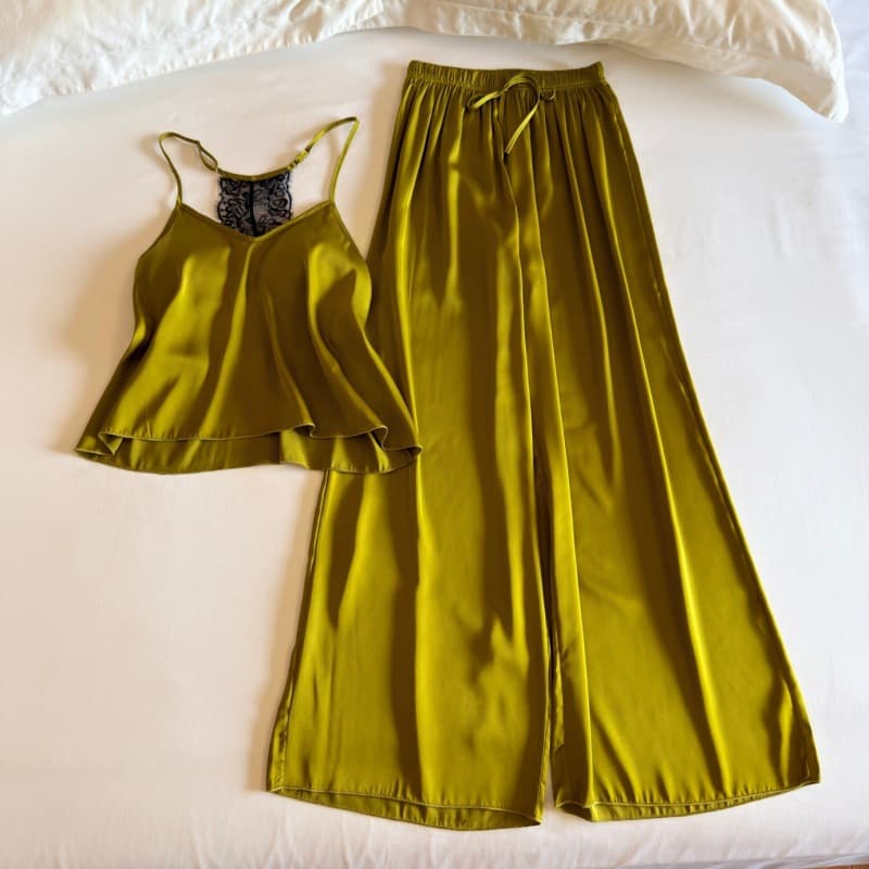 Women's Summer Ice Silk Pajama Set with Built-in Bra, Lace, Backless Design, and Thin Long Pants, Two-Piece Set