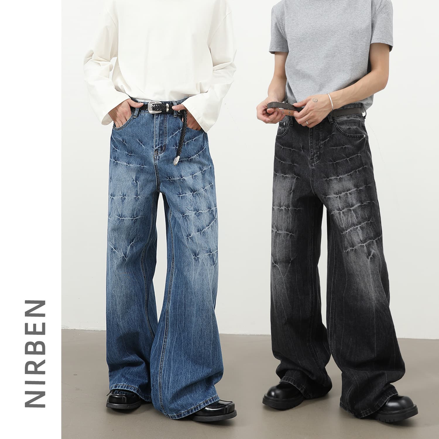 Nirben Cowboy | American High Street Lightning Pattern Washed Jeans Men's Trendy Versatile Loose Straight Trousers