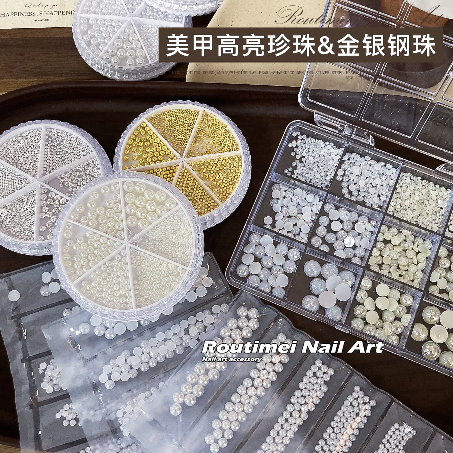 12-Grid Pearl Nail Art Decorations Round Mixed Sizes Steel Beads Bestseller Half-Round Flat-Bottom White Beads Nail Accessories Rhinestones