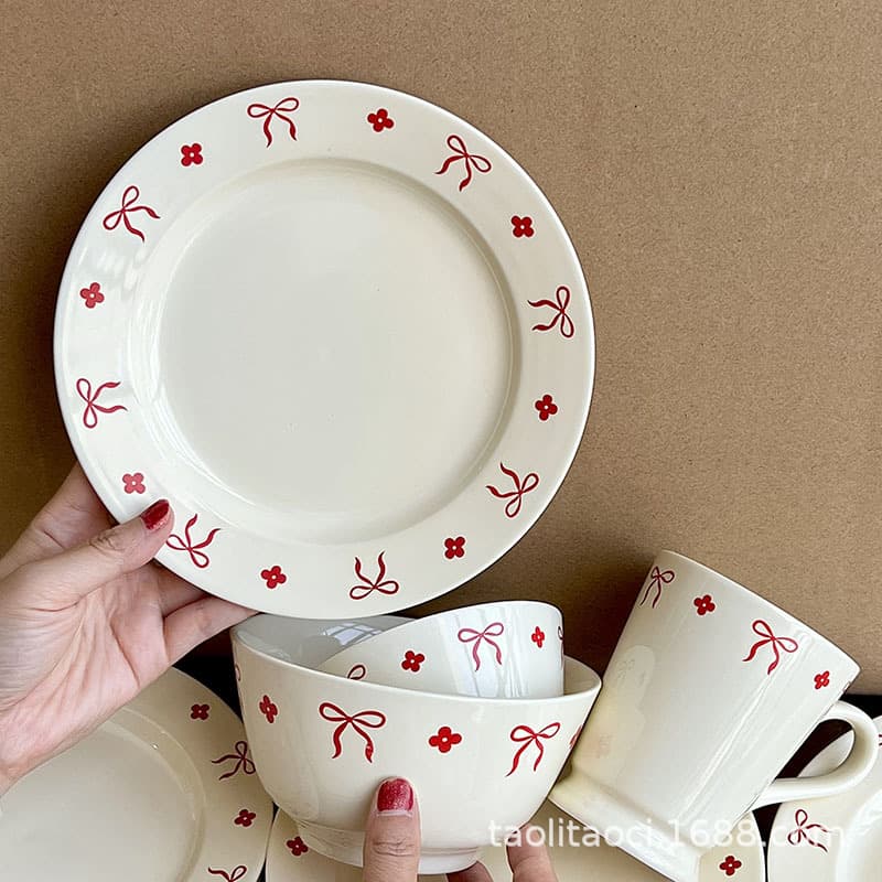 Ins-style Bowknot Ceramic Plate Breakfast Dessert Plate Creative Office Water Cup Rice Bowl Soup Bowl