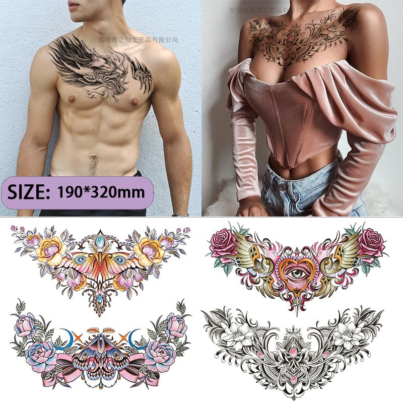 Colorful Chest Tattoo Stickers Temporary Large Design Tattoo Stickers for Men and Women Long-Lasting Waterproof Chest Tattoo Stickers