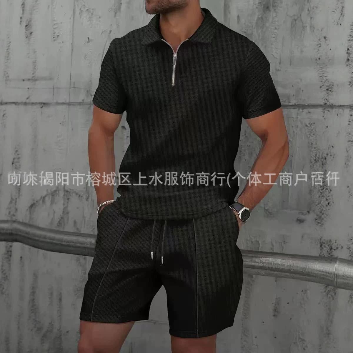 Polo Shirt Set Short Sleeve T-Shirt Men Shorts Half Zip Turn-Down Collar Waffle Knit Full Set Summer Cross-Border Factory Wholesale