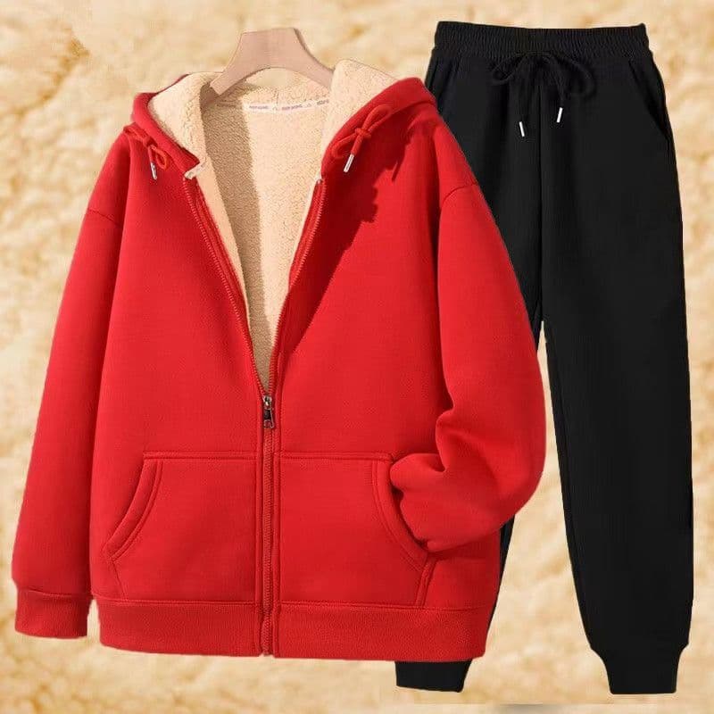Autumn and Winter Fleece-Lined Thickened Lamb Wool Zip-Up Sweatshirt Jacket Set for Men and Women, Warm Sports Casual Two-Piece Trendy 12