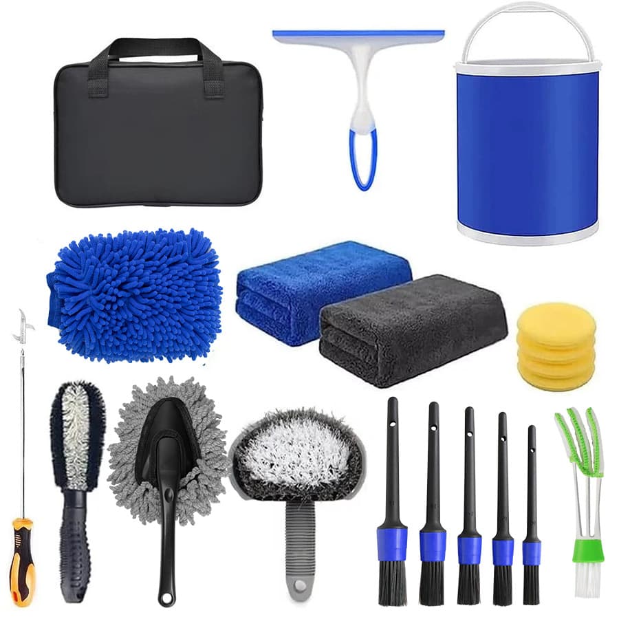 Car Wash Cleaning Tool 20-Piece Set with Foldable Bucket, Blue Canvas Bag, Cleaning Gloves, Sponge, Towel, Tire Brush