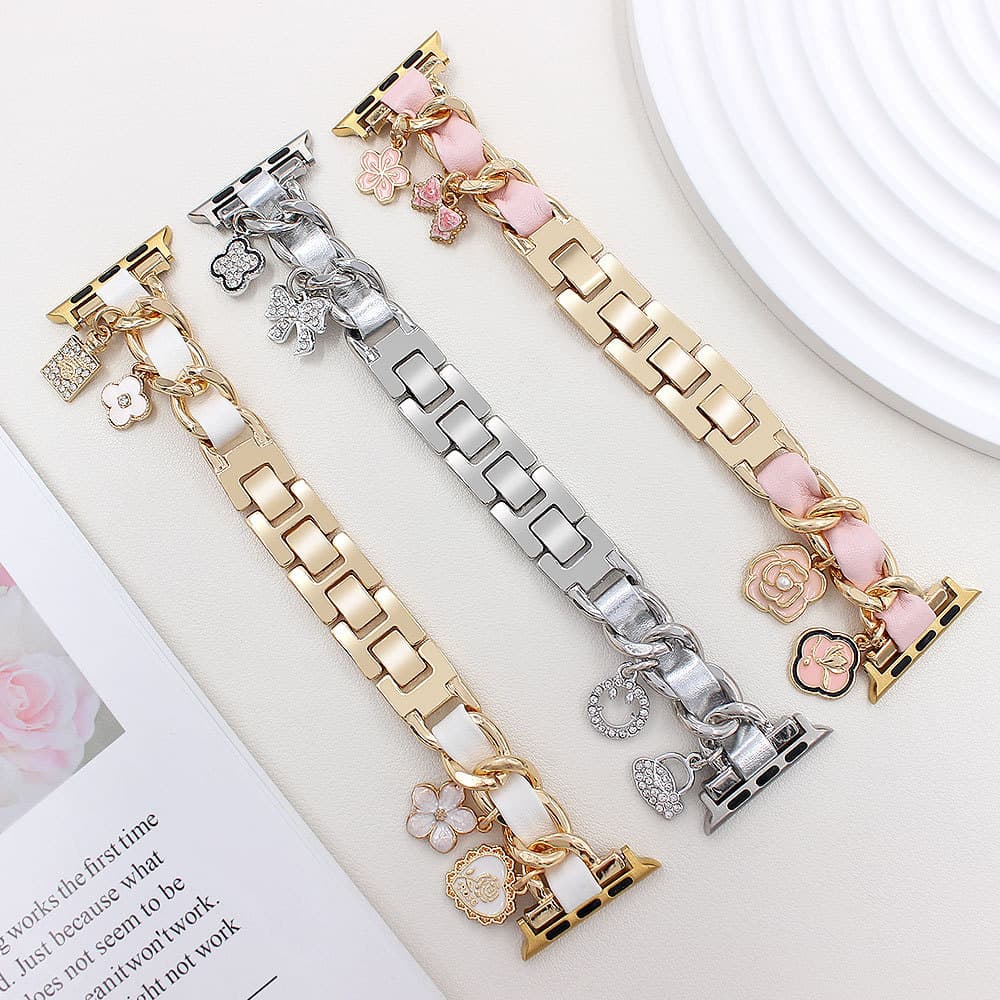 Leather Pendant Lanyard Compatible with Apple Watch iWatch 4/5/6/7/8/SE Smart Watch Strap with Four-Leaf Clover Rhinestone