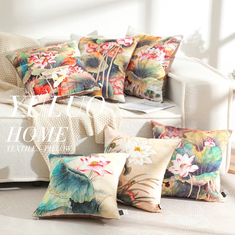 New Chinese Style Sofa Throw Pillow Cover, No Insert, Lotus Chinese Vintage Living Room Nap Cushion Cover