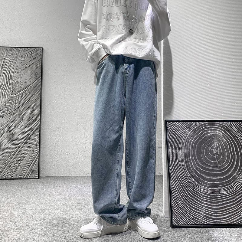 Hong Kong Style New Loose Washed Straight Pants Casual Pants Solid Color Pants Men's Floor-Length Jeans Trendy Men's One Piece Spread