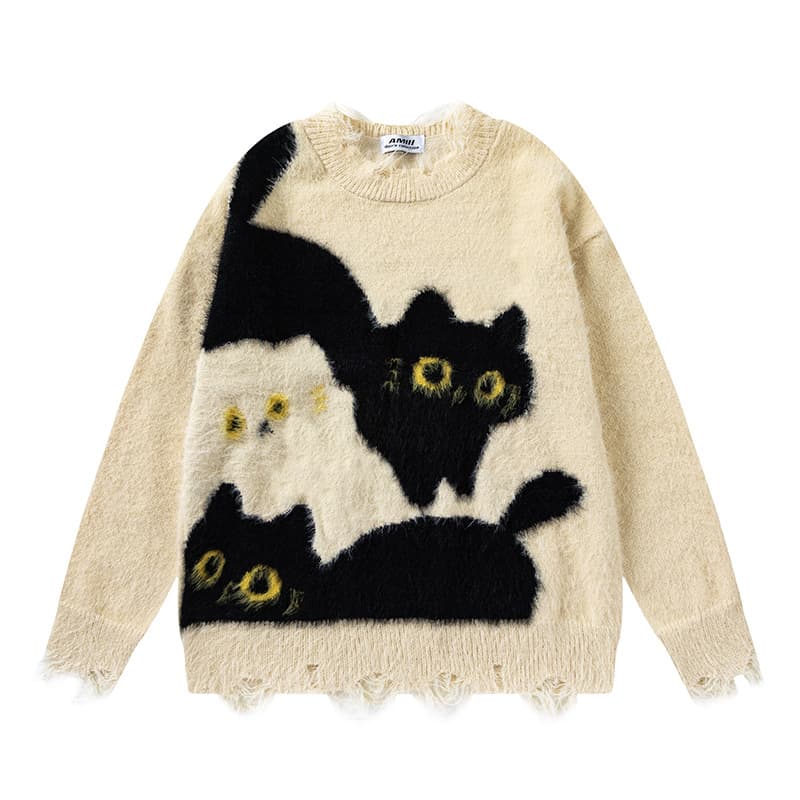 American Retro Fluffy Cat Distressed Fringe Design Sweater Men Women Autumn Loose Casual Couple Knitwear