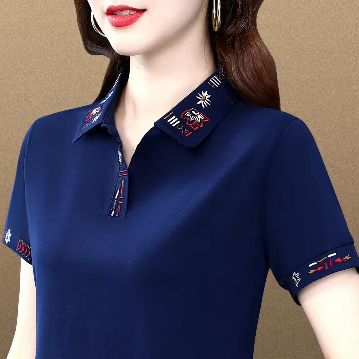 POLO shirt short-sleeved T-shirt for women summer 2026 new middle-aged mother versatile fashion embroidered T-shirt top