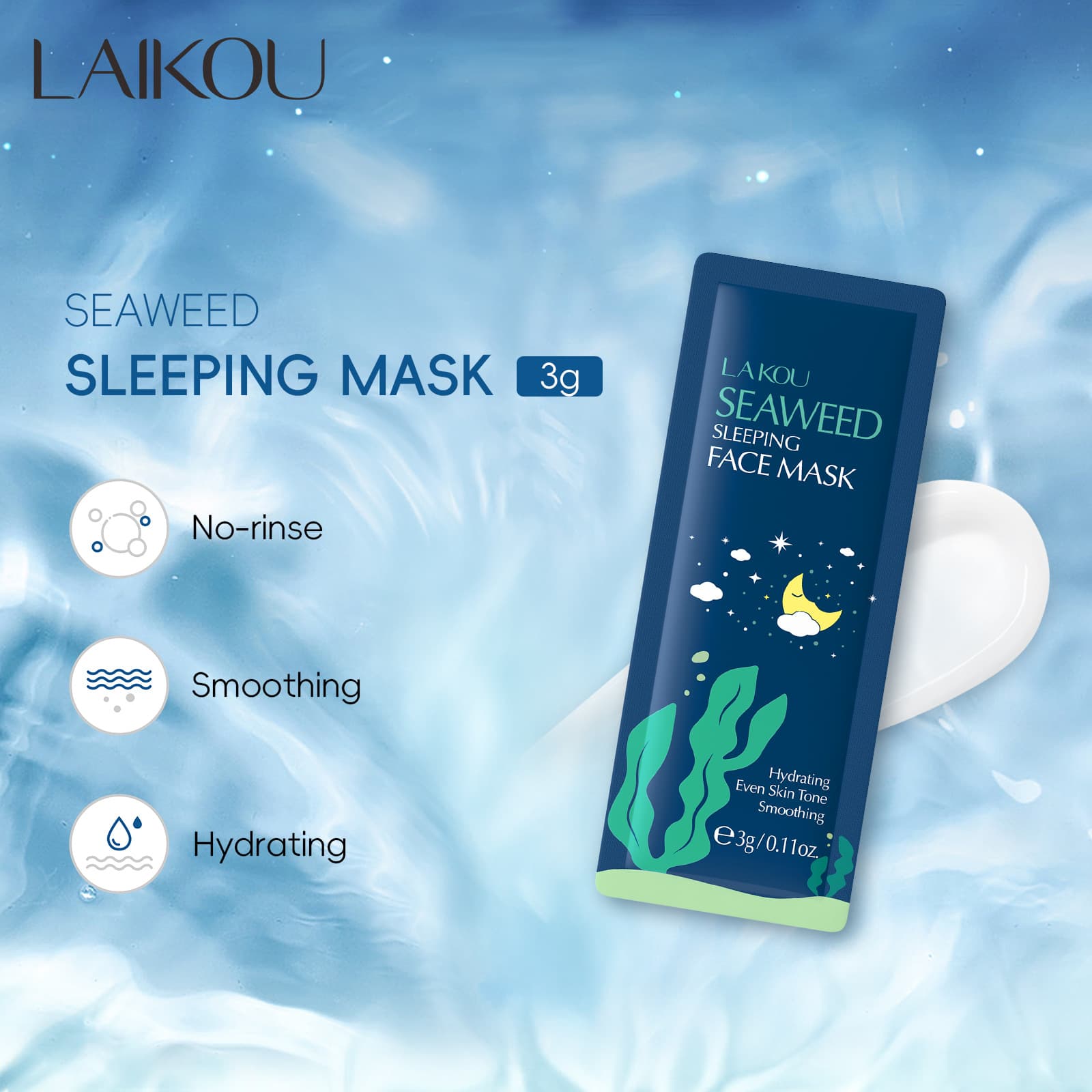 Full English Sleeping Mask LAIKOU Seaweed Sleeping Mask Sheet 3g Facial Hydrating Skincare Foreign Trade