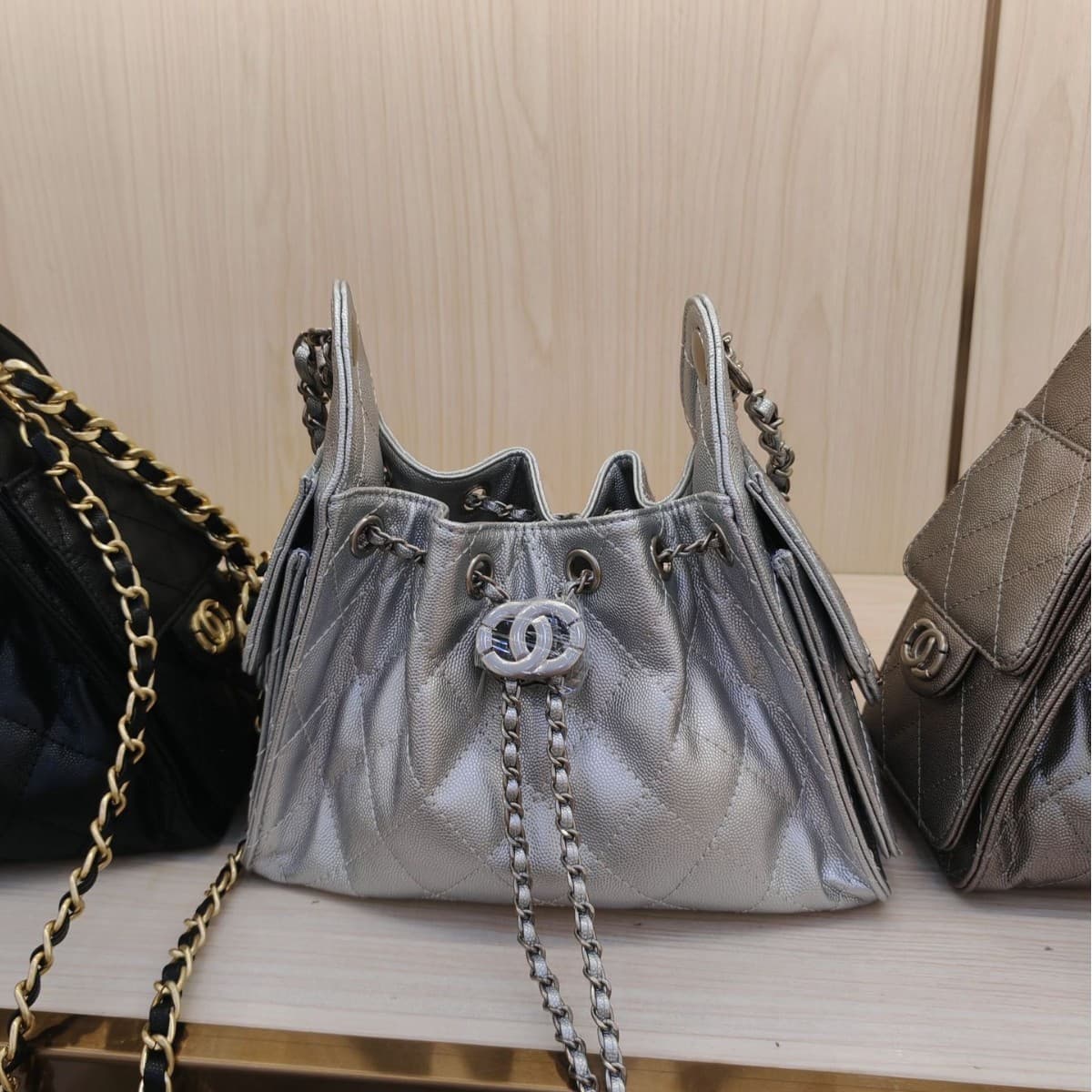 Caviar Quilted Drawstring Hobo Bucket Bag 25C 25bag Vintage Diamond Pattern Women's Underarm Shoulder Handbag