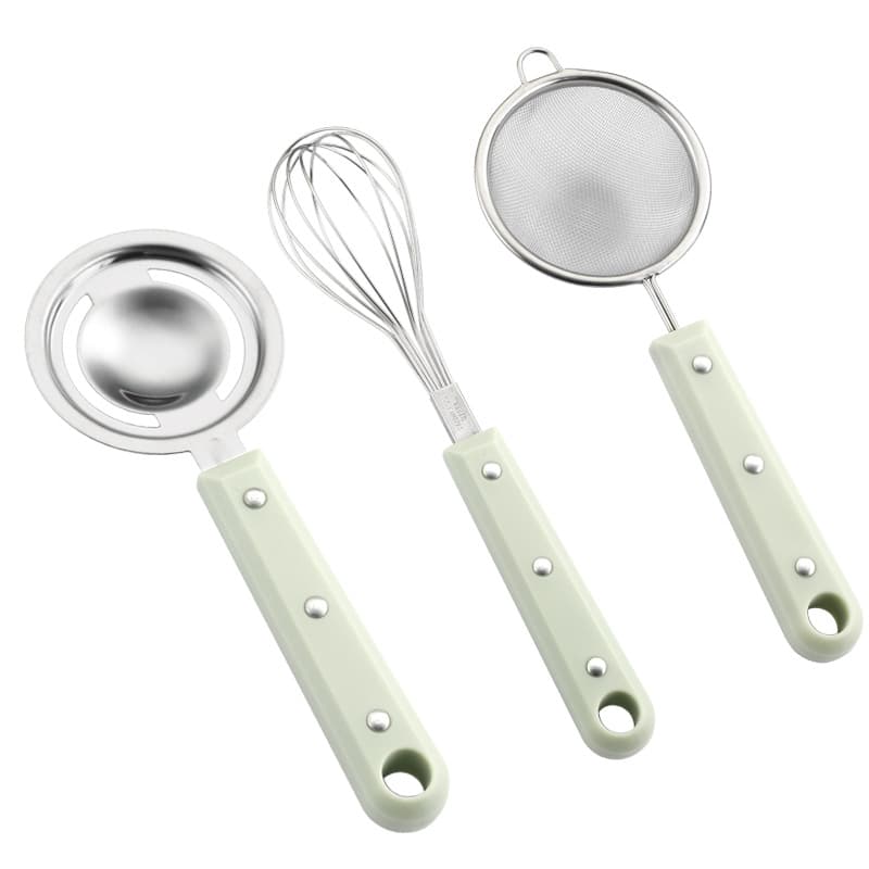 Stainless steel baby food preparation tool set: egg white separator, egg beater, strainer, sieve, and egg beater.
