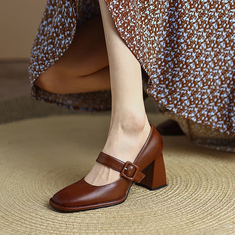 Mary Jane Shoes 2024 Autumn New Women's Chunky Heel High Heel Low Top Square Toe Single Strap Shallow Mouth Shoes