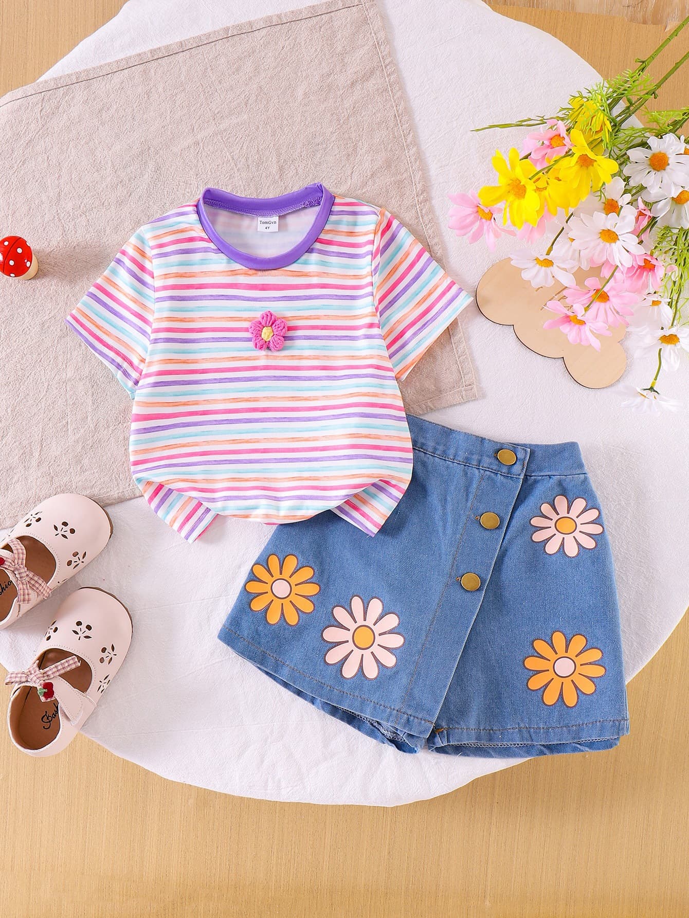 Young Girls Clothes 4-7Y Summer Short Sleeve Colorful Striped T-Shirt + Denim Skirt Shorts
