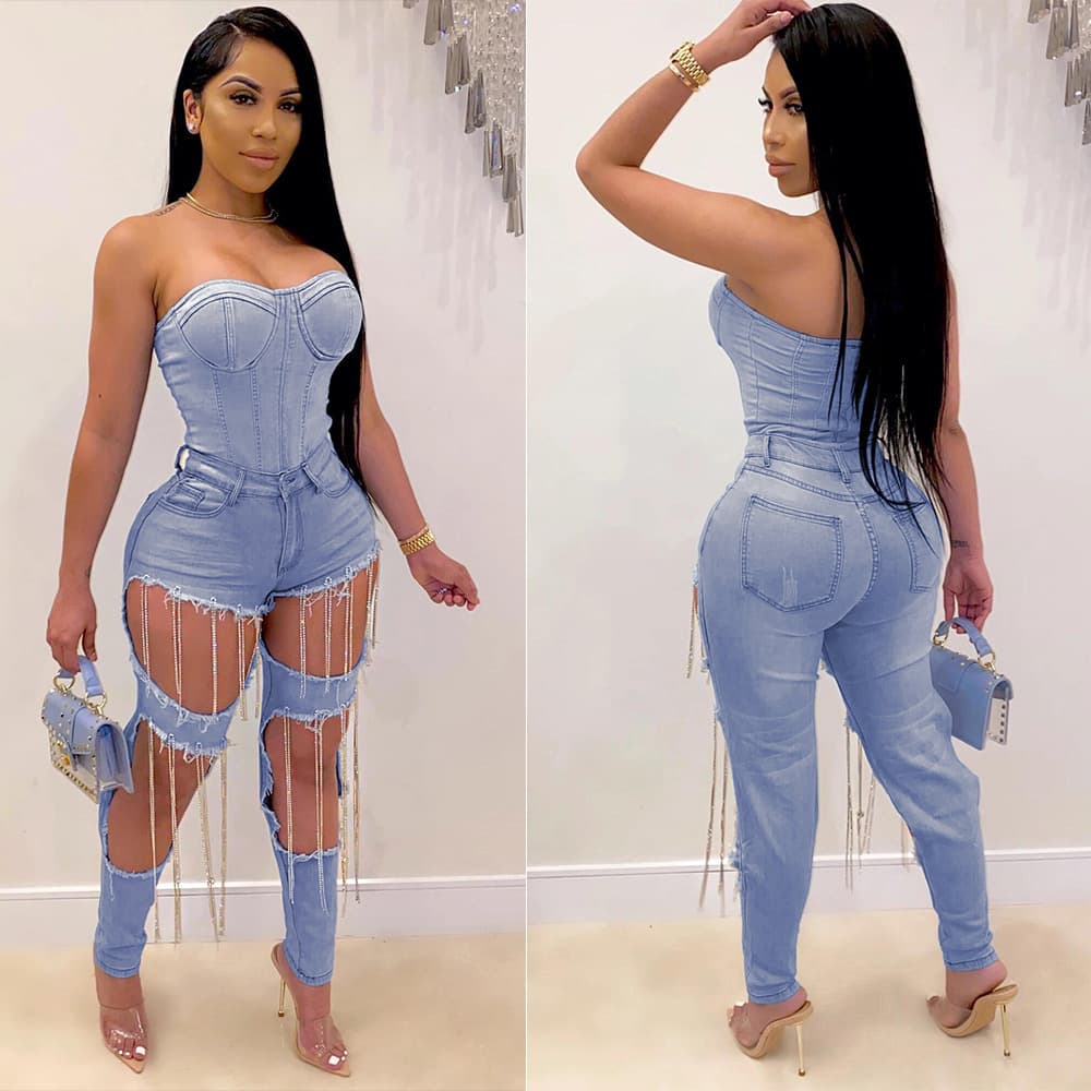 N003 AliExpress European and American new women's clothing chain hand-worn women's denim trousers nightclub wear