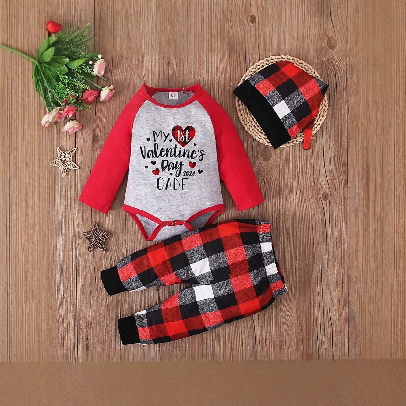 Girls European-American Spring/Autumn Valentine's Day Heart Letter Bodysuit + Plaid Pants Hat Three-Piece Set Kids Clothing Ins Style