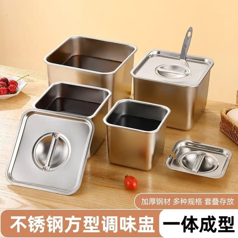 Stainless Steel Square Seasoning Container with Lid, Commercial Condiment Storage for Lard, Kitchen Spice Jar