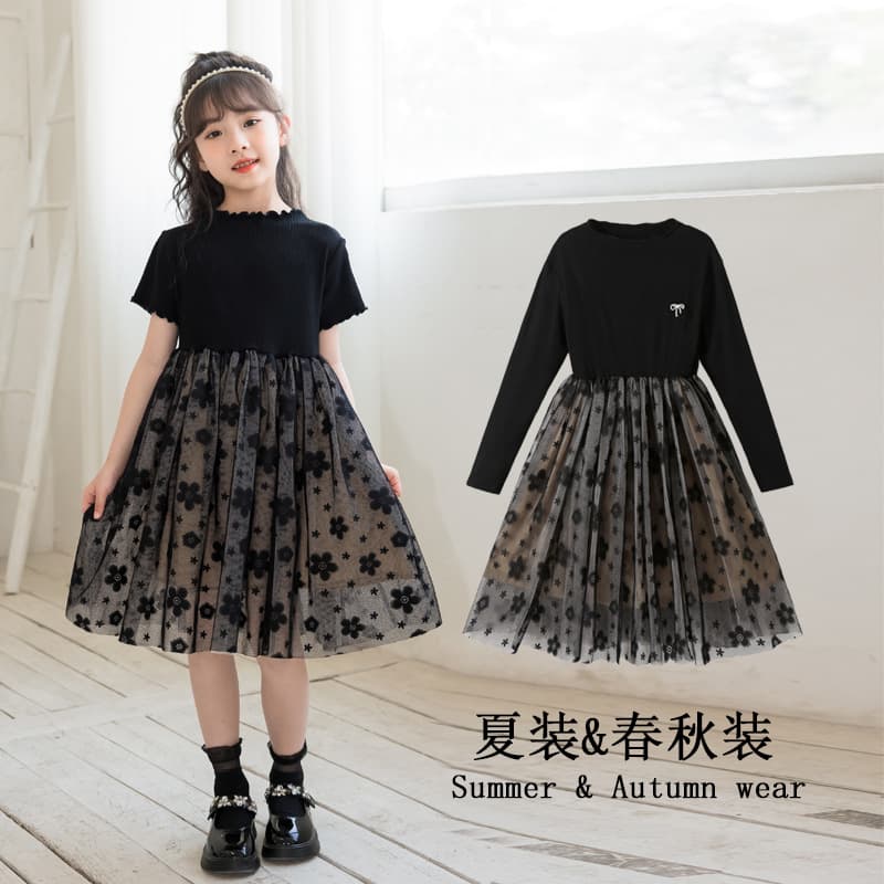 Girls' Black Cotton Blend Short Sleeve Tulle Skirt Dress Korean Style Princess Dress Spring Summer Autumn Floral Print Children's Clothing