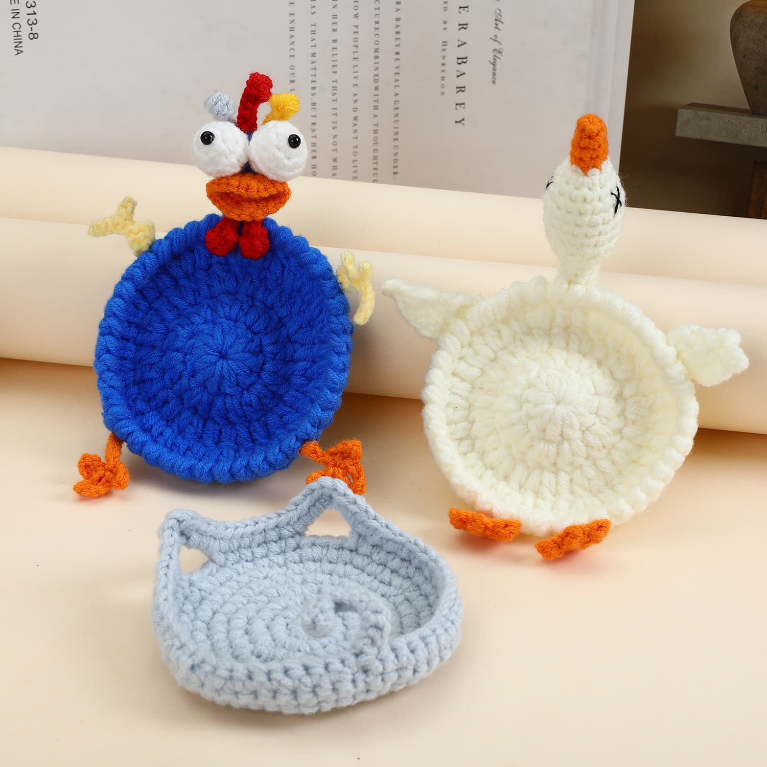 Creative Funny Knitted Cup Coasters, Cartoon Rooster Duck Cat Shaped Coasters, Handmade Crochet Wholesale