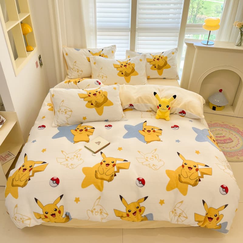 Pokémon Milk Fleece Bedding Set - Thickened Winter Warm High GSM Double-Sided Flannel Fitted Sheet Duvet Cover Pillowcase