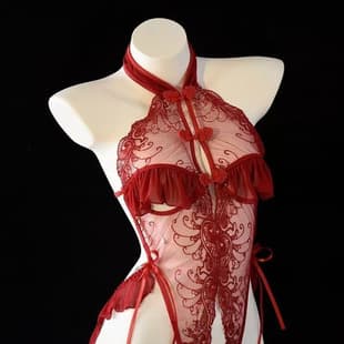 Sexy Lingerie Lace Sleepwear, Cheongsam Style, Push-Up Open Crotch Nightgown, Hot Uniform, School Swimsuit