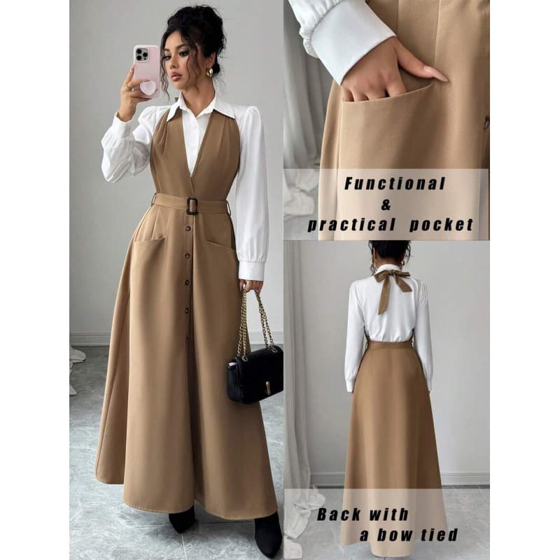 Cross-border elegant white long-sleeved shirt 2026 autumn new style halter neck waist A-line long dress two-piece set