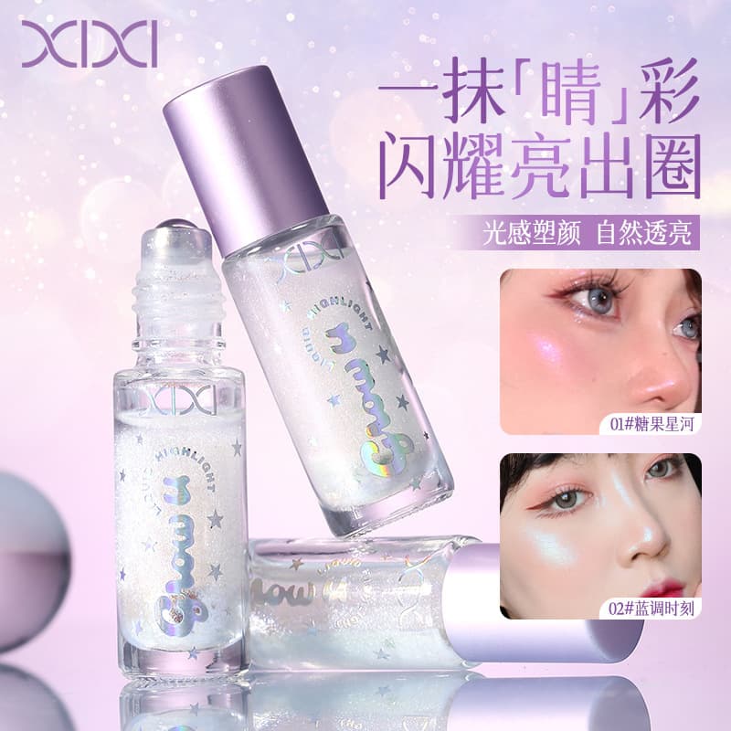 xixi Crimson Crushed Ice Roller Highlighter Liquid, Clear Water-Glow Finish, Bling Crushed Diamond Brightening for Aegyo-sal and Body Illuminating Liquid