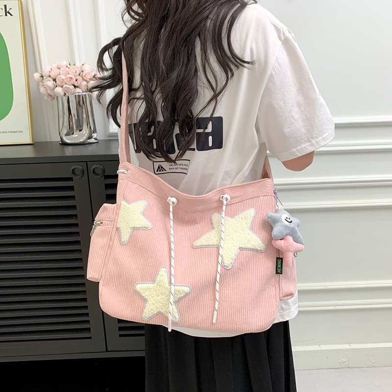 Cross-border Large Capacity Corduroy Women's Single Shoulder Bag, High-End Five-Point Star Crossbody Cute Student Tote Bag, Factory Wholesale