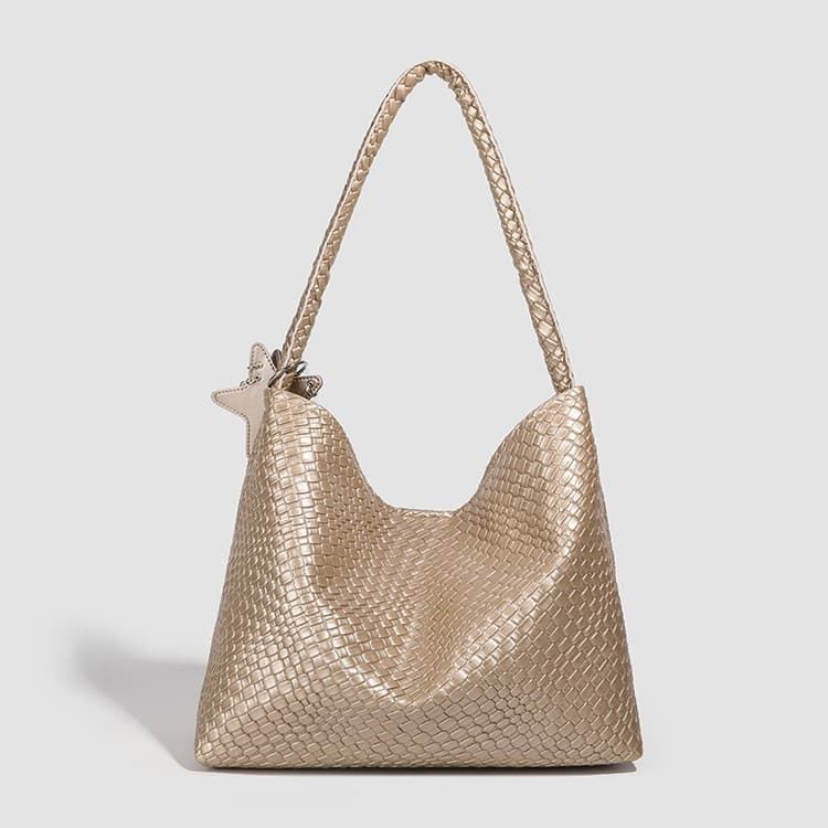 2025 New Summer Commuter Travel Tote Bag, Woven Design, Large Capacity, Champagne Color, Fashionable Shoulder Bag