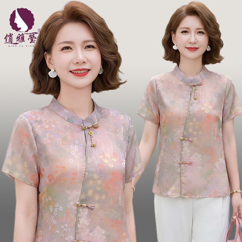 New Chinese-style Middle-aged and Elderly Women's Top, National-style Button Short Sleeve Blouse, Summer New Arrival, Elegant Mother's Top