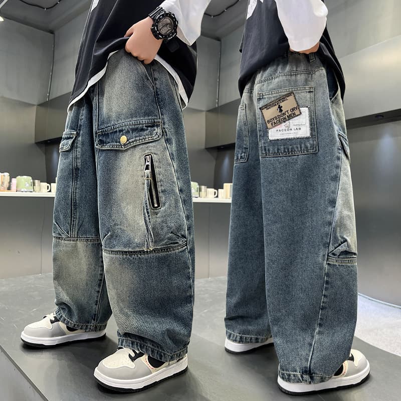 Boys' Denim Cargo Pants Spring Autumn 2026 New Kids Spring Casual Long Trousers Edgy Cool Style Boys Streetwear Trend