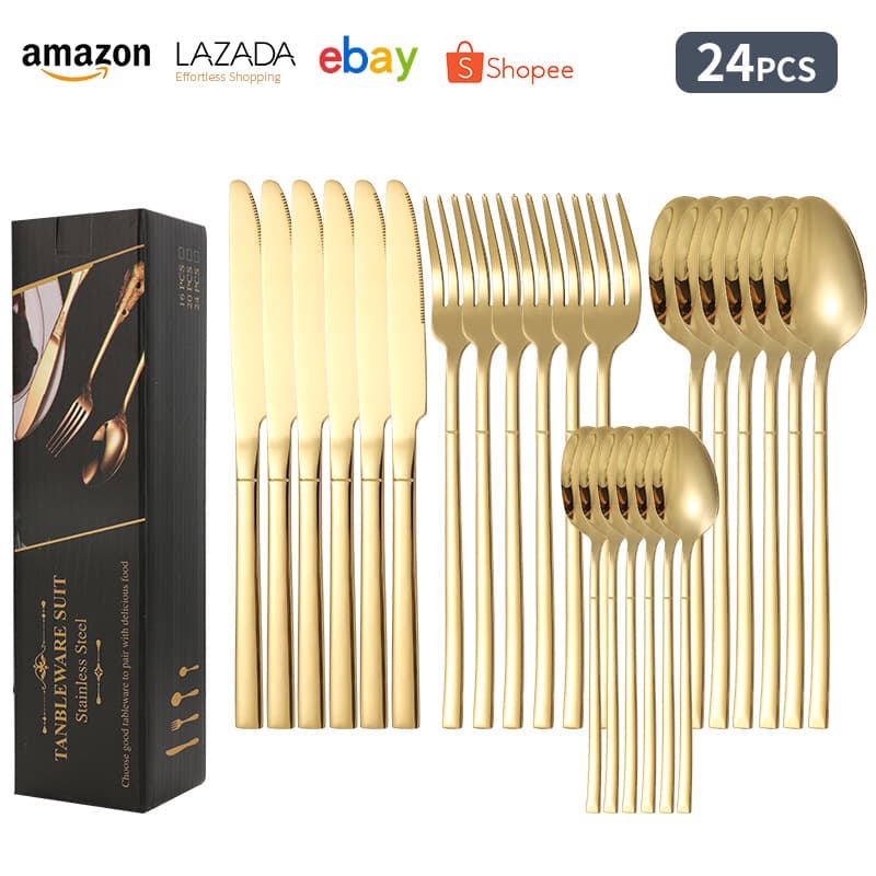 410 Cross-Border Amazon Hot Selling 24-Piece Stainless Steel Knight Knife Fork Spoon Hotel Home Tableware Set Gift Box