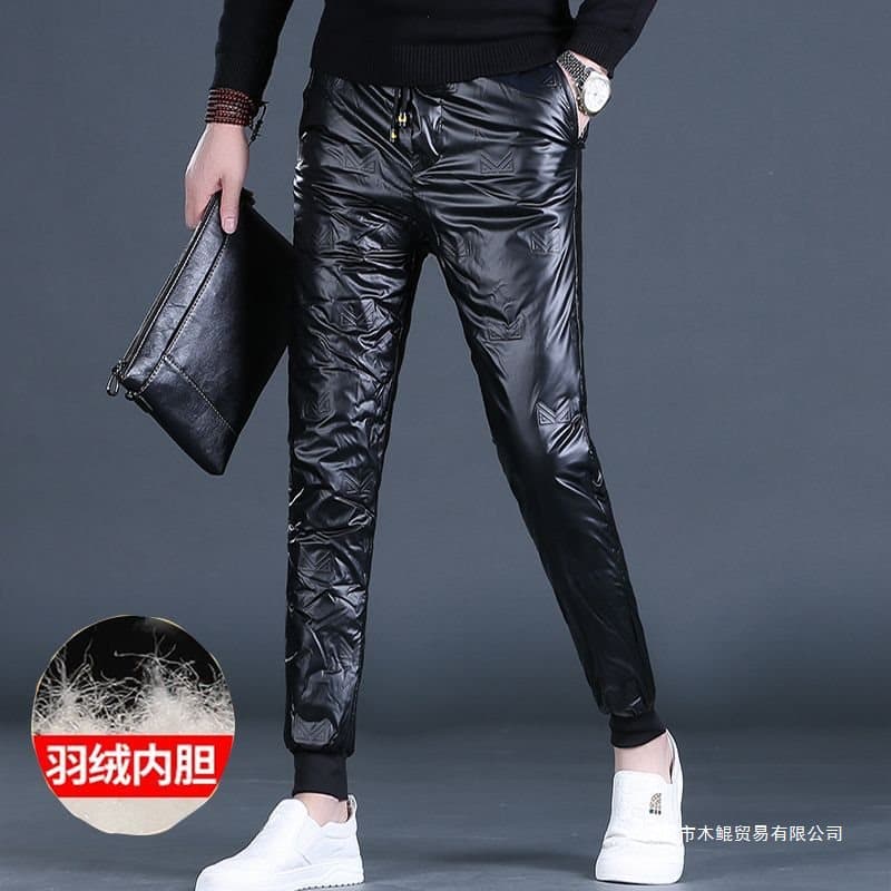 Men's down-filled trousers, new winter style, slim fit, trendy casual trousers, fleece-lined, tapered leg sports trousers.