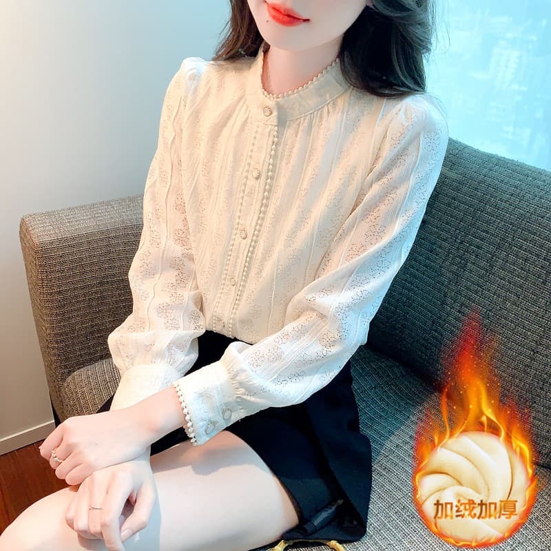 New winter trendy Korean style fleece-lined thick lace base layer top with stand collar and puff sleeves, elegant and slimming women's blouse