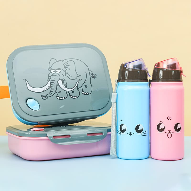 Cartoon Kids Lunch Bento Box with Water Bottle, 4-Compartment Plastic Lunch Box and Cup Set, Microwave-Safe Meal Container