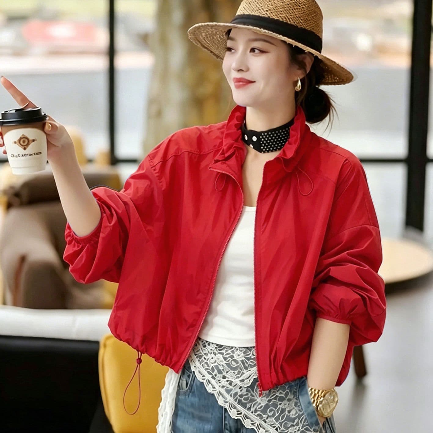 European Chic Youthful Best-Selling Bud Collar Stylish Top Red High Neck Drawstring Sun Protection Jacket for Women Spring