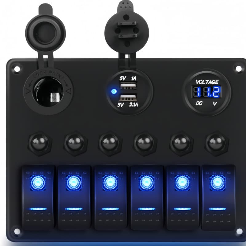6-Gang Waterproof Panel Switch Marine Circuit Breaker 12-24V Digital Voltmeter Tester Light Switch Dual USB