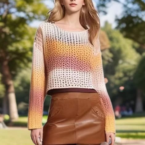 2025 New Women's Gradient Color Block Pullover, Round Neck Long Sleeve Hollow Out Casual Fashion Sweater, Customizable