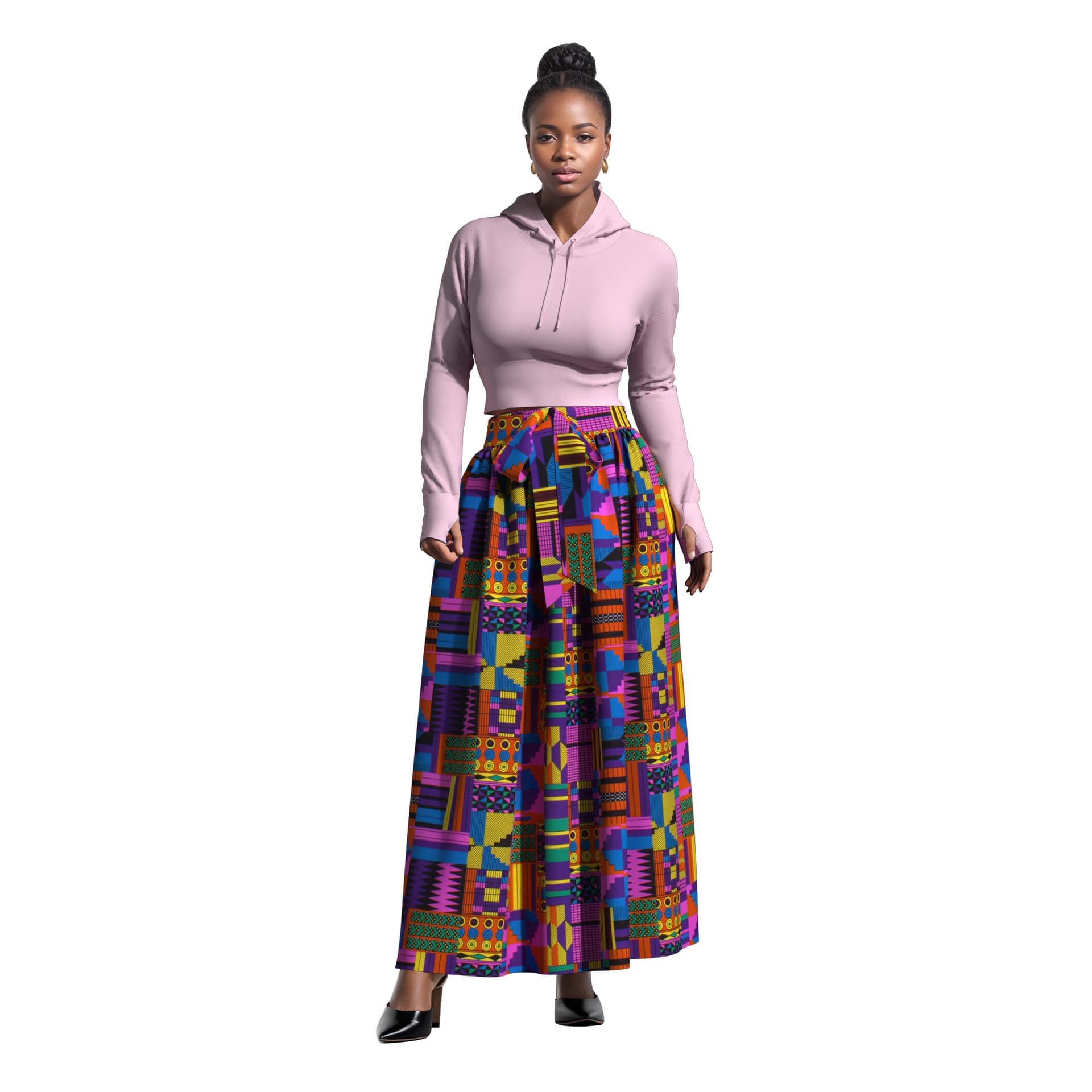 African Ankara batik high-waisted skirt, geometric print long skirt, West African ethnic style women's clothing wholesale
