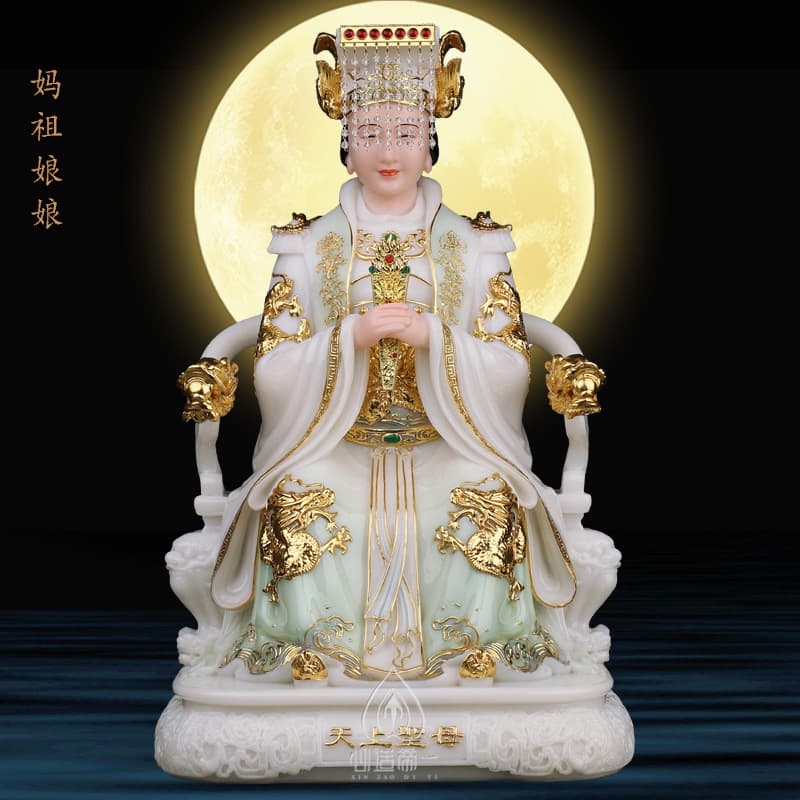 Solid White Marble Mazu Statue, Heavenly Holy Mother Mazu Goddess Statue, Home Buddhist Altar Decoration