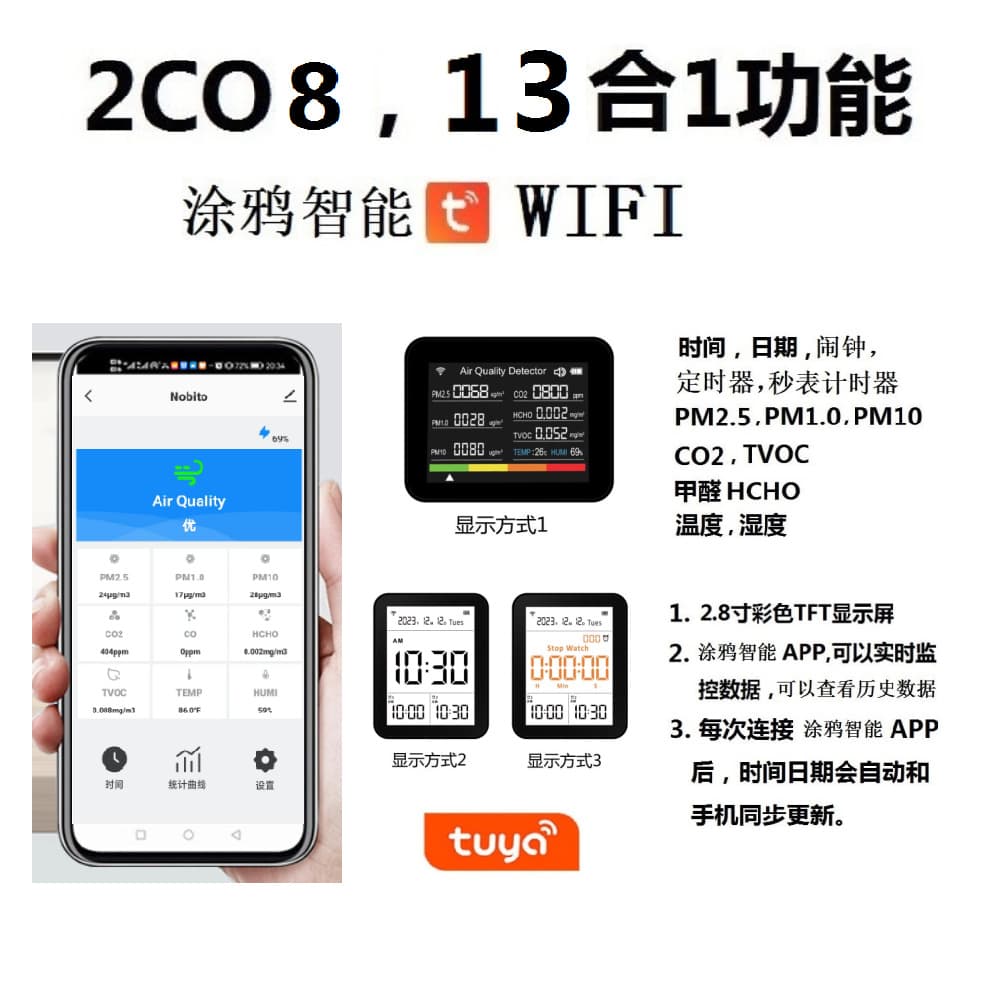 2C08, 13-in-1 Tuya Smart APP WIFI Air Quality Detector (CO2, PM2.5, Formaldehyde, TVOC)