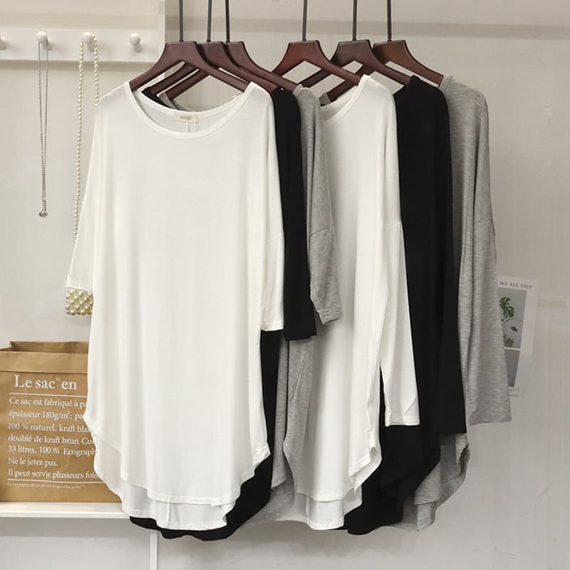 Loose Modal Large T-shirt Women's Summer Butt-covering Long and Short-sleeved Slim Base Shirt Mid-length Half-sleeved Long-sleeved Top